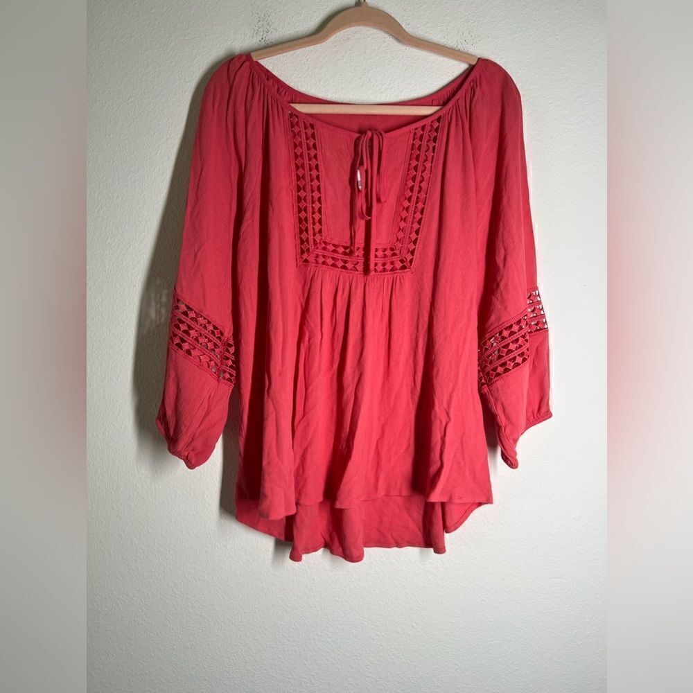 NWT Pink Petal Bohemian Coral Embroidered Top Balloon Sleeve Size L